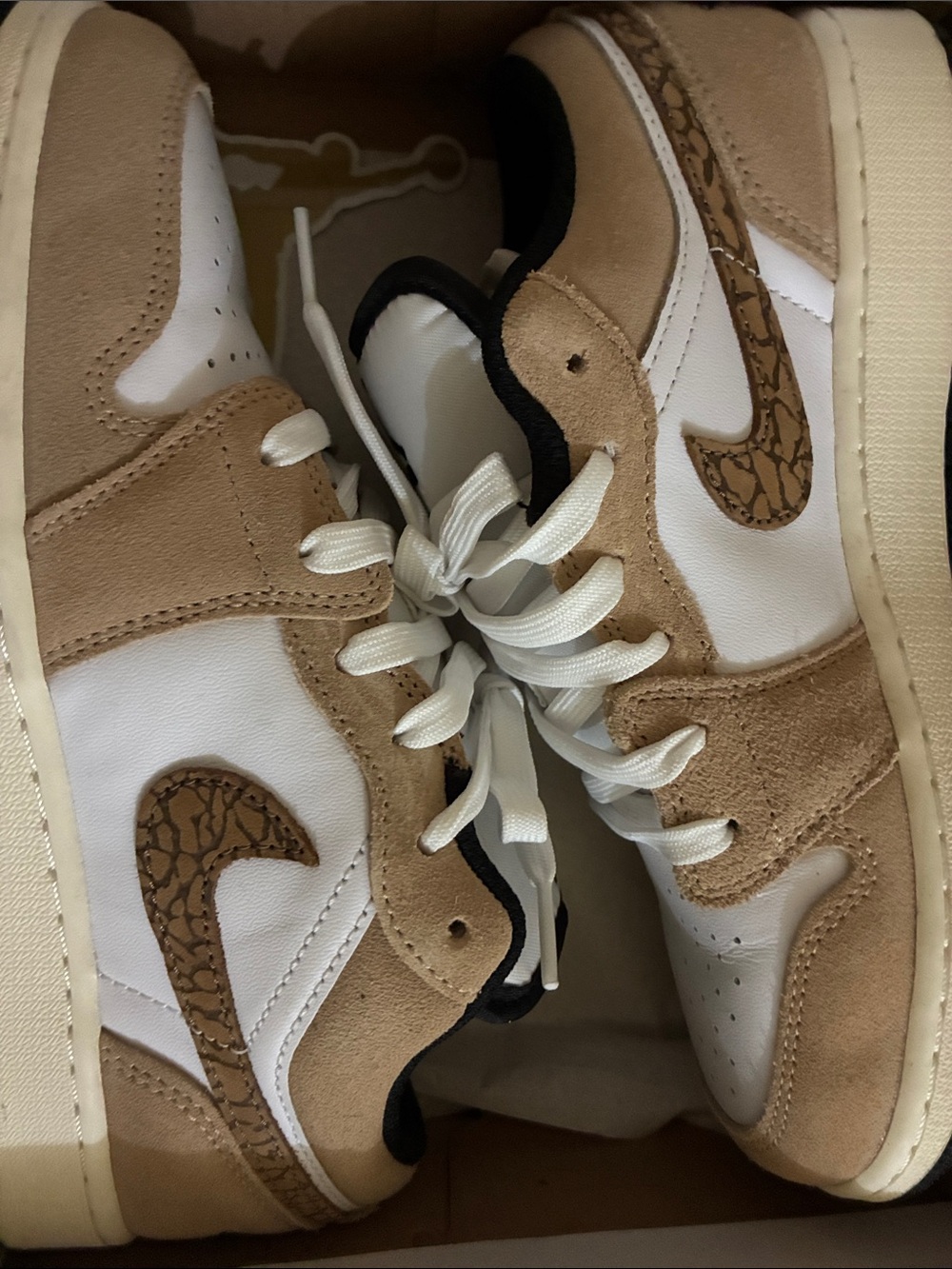 Nike Menโs Tan & White Low-Top Sneakers with Crackle Swoosh